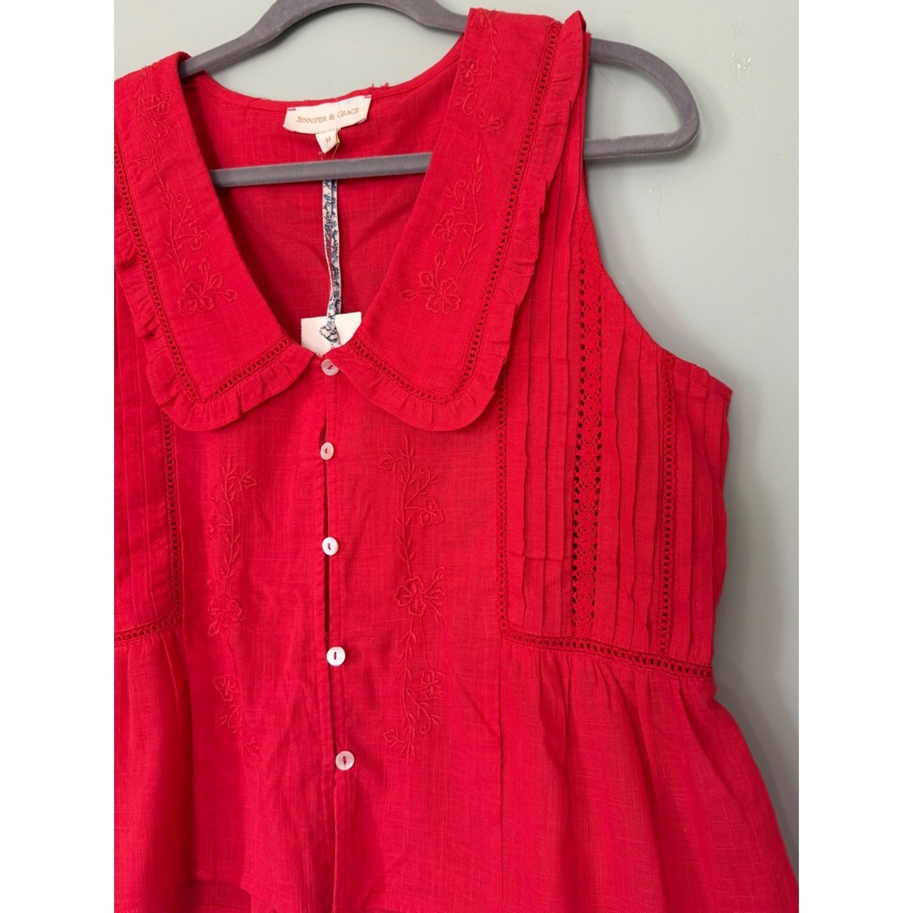 Jennifer & Grace Cotton Embroidered Peter Pan Collar Sleevless Blouse Top Mediun - Picture 4 of 6